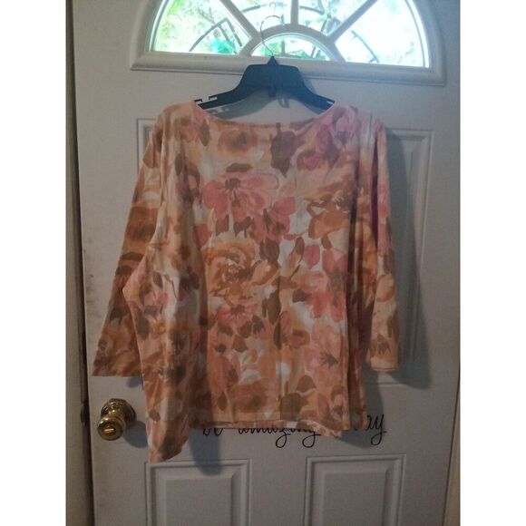 Floral Top 2X Ruby Rd Water Color Floral Pink Gem Beads Neckline Long Sleeve - Picture 5 of 6